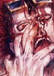  1boy ame_ekai blood blood_in_mouth blood_on_face close-up eustass_kid goggles goggles_on_head hand_on_own_face highres looking_at_viewer male_focus one_piece open_mouth red_eyes red_hair red_theme scar scar_across_eye short_hair solo veins veiny_hands 