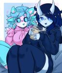 absurd_res amphibian anthro axolotl beverage big_breasts black_sclera blue_body blue_eyes blue_hair blue_skin blush blush_lines breasts clothing coffee duo female hair hi_res hoodie horn horned_humanoid humanoid looking_at_viewer malkah_(ahegaokami) marine mole_salamander multicolored_body open_mouth pink_body salamander sitting smile spooky_(ahegaokami) thick_thighs topwear unknown_species white_body woebeeme