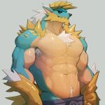 abs absurd_res anthro black_sclera blue_body blue_eyes bottomwear bust_portrait capcom chest_tuft clothing dendryte_axxon fanged_wyvern hair hi_res horn male monster_hunter muscular muscular_anthro muscular_male pants pecs portrait pubes scalie shirtless solo tuft white_hair zinogre