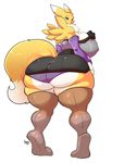  2017 anthro armwear big_breasts big_butt blue_eyes breasts butt canine clothing digimon dipstick_tail female fox hi_res huge_butt jaeh legwear looking_back mammal multicolored_tail renamon simple_background solo thick_thighs white_background wide_hips 