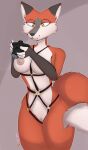 absurd_res anthro breasts camera canid canine canis female fox fox_tail fur genitals harness harness_only harness_ring hi_res holding_object mammal medium_breasts multicolored_body multicolored_fur orange_body orange_fur pussy red_fox simple_background skade_(artist) skryre solo thighs_together white_breasts wide_hips yellow_eyes