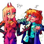  2girls ? ?? alpharecdyt black_necktie bodysuit chainsaw_man closed_mouth collared_shirt cosplay costume_switch hair_between_eyes highres horns long_hair looking_at_another multiple_girls necktie neon_genesis_evangelion open_mouth pink_hair plugsuit power_(chainsaw_man) red_bodysuit red_eyes red_hair shirt simple_background smell souryuu_asuka_langley white_background white_shirt 