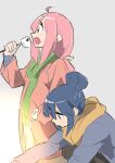  2girls blue_eyes blue_hair eating from_side green_scarf highres jacket kagamihara_nadeshiko multiple_girls oekakiism pink_hair pink_jacket purple_eyes roasted_marshmallow scarf shima_rin simple_background sketch squatting standing yellow_scarf yurucamp 