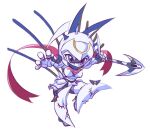  1girl armor blue_hair breastplate chibi colored_skin dianamon digimon digimon_(creature) hair_between_eyes helmet highres mask mouth_mask pink_scarf purple_eyes scarf scythe thousand_13 