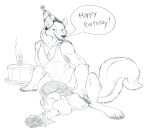 2018 5_fingers anthro balls big_balls big_penis birthday_cake black_nose bodily_fluids bottomless bottomless_anthro bottomless_male cake candle canid canine canis claws clothed clothing cum dessert digital_media_(artwork) english_text finger_claws fingers fluffy fluffy_tail food genital_fluids genitals hat hatching_(art) headgear headwear hexacult hi_res huge_balls huge_penis lit_candle looking_aside male mammal monochrome party_hat pawpads penis shaded sitting solo speech_bubble tail text toe_claws tongue tongue_out topwear topwear_only touching_balls wolf