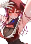  1girl ascot black_choker breasts choker cleavage cropped_jacket frilled_choker frills gloves hair_ribbon highres hololive houshou_marine houshou_marine_(1st_costume) jacket large_breasts leotard leotard_under_clothes long_hair looking_at_viewer red_ascot red_eyes red_hair red_jacket red_ribbon ribbon sleeveless sleeveless_jacket solo takeno_omoti twintails virtual_youtuber white_gloves yellow_eyes 