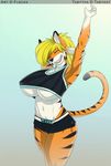  2017 anthro areola armpits big_breasts blonde_hair boy_shorts bra breasts cleavage clothed clothing digital_media_(artwork) feline female flecks fur hair huge_breasts mammal navel open_mouth orange_fur panties simple_background smile solo standing stretching stripes tabytha thick_thighs tiger under_boob underwear white_fur wide_hips 