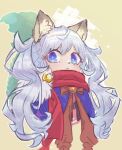  1girl animal_ears blue_eyes blush bow bowtie brown_bow brown_bowtie capelet cat_ears cat_girl closed_mouth commentary_request crescent crescent_pin cropped_torso furry furry_female grey_hair long_hair looking_at_viewer medium_bangs orange_brooch pi_(pyaaaro) purple_capelet ragnarok_online smile solo summoner_(ragnarok_online) upper_body yellow_background 