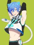  1boy animal_ears armpits arms_up blue_eyes blue_hair blush cat_boy cat_ears cat_tail elbow_gloves fang gloves green_background hair_between_eyes happy highres kaito_(vocaloid) looking_at_viewer male_focus midriff navel neko_cyber_(module) one_eye_closed open_mouth project_diva_(series) samecan short_hair solo tail upper_body vocaloid 