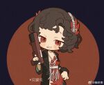  1girl black_background black_coat black_hair chibi chinese_text circle coat curly_hair dress feather_dress feather_hair_ornament feathers finger_on_trigger grin gun hair_ornament hairband hand_up handgun holding holding_gun holding_weapon jewelry looking_at_viewer minamip necklace red_background red_dress red_eyes red_feathers reverse:1999 schneider_(reverse:1999) short_hair smile solo upper_body weapon weibo_logo weibo_username white_hairband 