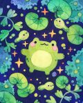  afloat animal_focus artist_name blush_stickers ellievsbear frog from_above highres lily_pad looking_at_viewer no_humans original painting_(medium) signature smile sparkle tadpole traditional_media watercolor_(medium) 
