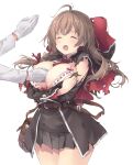  1boy 1girl ahoge between_breasts black_skirt blush bra braid breasts brown_hair capelet cleavage closed_eyes covering_breasts covering_privates gloves hair_ribbon highres hood hood_down kantai_collection large_breasts long_hair long_sleeves messy_hair open_mouth pleated_skirt red_ribbon ribbon sakana_(flame_sakana) shinshuu_maru_(kancolle) simple_background single_braid skirt solo_focus sweat torn_clothes underwear white_background white_bra white_gloves 