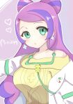  1girl 3656_chan bow-shaped_hair breasts character_name earrings eyeliner flower_earrings green_eyes highres jewelry lab_coat light_blush long_hair makeup medium_breasts miriam_(pokemon) multicolored_hair off-shoulder_sweater off_shoulder pink_eyeliner pink_hair pokemon pokemon_sv purple_hair school_nurse single_bare_shoulder solo stethoscope streaked_hair sweater swept_bangs yellow_sweater 