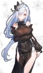  1girl absurdres bare_shoulders black_dress blue_eyes bodystocking breasts cleavage covered_navel detached_sleeves dress genshin_impact grey_hair hair_ornament highres large_breasts long_hair long_sleeves looking_at_viewer mo_(mo80_rr) official_alternate_costume shenhe_(frostflower_dew)_(genshin_impact) shenhe_(genshin_impact) sleeveless sleeveless_dress smile solo thighs very_long_hair 