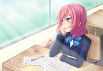  bad_id bad_pixiv_id blazer blue_bow blue_neckwear blush bow bowtie chair chin_rest classroom desk digital_media_player earbuds earphones earphones_removed highres indoors jacket long_sleeves looking_out_window love_live! love_live!_school_idol_project mechanical_pencil nishikino_maki nuenya otonokizaka_school_uniform parted_lips pencil purple_eyes red_hair school_chair school_desk school_uniform sheet_music solo striped striped_bow striped_neckwear sunlight window 