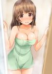  :d bangs bare_arms bare_shoulders blunt_bangs blush breasts cleavage closed_eyes collarbone commentary_request cowboy_shot door highres indoors kageira long_hair medium_breasts naked_towel nose_blush open_door open_mouth original round_teeth shiny shiny_skin smile solo standing steam tareme teeth thigh_gap towel water 