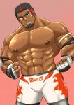  1boy abs bara brown_eyes bulge clenched_hands cowboy_shot dark-skinned_male dark_skin facial_hair goatee konnezuwrestle large_pectorals live_a_hero looking_to_the_side male_focus mature_male muscular muscular_male mustache_stubble navel nipples no_mask pants pectorals polaris_mask_(live_a_hero) shiny_skin short_hair smile solo stomach strongman_waist stubble thick_eyebrows thick_thighs thighs topless_male wrestling_outfit 