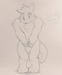  canine clothing cotton_(artist) male mammal muscular nude overalls shy sketch solo tuft wolf wristband wuffle wuffle_(webcomic) 