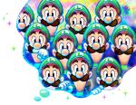  6+boys artist_request big_nose black_eyes blue_overalls brown_hair cabbie_hat clone gloves green_headwear green_sleeves hammer hat holding holding_hammer long_sleeves looking_at_viewer looking_to_the_side luigi male_focus mario_&amp;_luigi:_dream_team mario_&amp;_luigi_rpg mario_(series) multiple_boys muscular official_art over_shoulder overalls short_hair simple_background sparkle straight-on sweatdrop thick_eyebrows thought_bubble upper_body very_short_hair weapon weapon_over_shoulder white_background white_gloves 