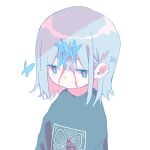  1girl animal_print averting_eyes blood blood_on_face blue_eyes blue_hair blue_shirt bug butterfly butterfly_print expressionless hair_ornament highres jitome light_blue_hair matabeku original pastel_colors shirt upper_body white_background x_hair_ornament 