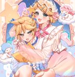  1boy 1girl blonde_hair blue_eyes fang frilled_bonnet frilled_shirt frills happy highres hugging_object kagamine_len kagamine_rin knees_up looking_at_viewer multiple_hairpins nail_polish open_mouth pillow pillow_hug project_sekai see-through_headwear shirt short_hair skin_fang smile star_(symbol) swept_bangs upper_body vocaloid yellow_nails yuka_(mprw2324) 