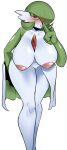 2023 3_fingers areola bent_over big_breasts breasts featureless_crotch female fingers gardevoir generation_3_pokemon hair hair_over_eye half-closed_eyes hi_res huge_breasts humanoid leaf leaf_hair legs_together looking_at_viewer narrowed_eyes nintendo one_eye_obstructed pink_areola plant plant_hair pokemon pokemon_(species) pseudo_hair red_eyes shark-py shush simple_background solo standing thick_thighs white_background wide_hips