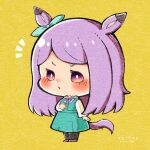  1girl animal_ears aqua_dress aqua_vest arm_at_side black_pantyhose bow bowtie brown_footwear chibi dress ear_bow frilled_shirt_collar frills full_body hand_up horse_ears horse_girl horse_tail long_hair long_sleeves mejiro_mcqueen_(umamusume) nanakoro0402 pantyhose pinafore_dress purple_bow purple_bowtie purple_eyes purple_hair shirt shoes simple_background sleeveless sleeveless_dress solo standing swept_bangs tail twitter_username umamusume white_shirt 