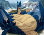 abdominal_bulge belly belly_scales black_pawpads blue_body blue_hair blue_mane blue_paws blue_scales blue_tongue bulge dialogue digestion digit_ring dragon drembonaarkrah facial_spikes feet feral gold_ring hair hair_mane hi_res horn jewelry lying male mane membrane_(anatomy) membranous_wings mountain nature nature_background on_back oral_vore pawpads paws predator/prey ring roobin scales scalie solo speech_bubble spikes spikes_(anatomy) spread_toes tail tan_body tan_chest tan_scales toe_ring toes tongue vore western_dragon wings yellow_eyes