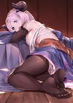 bed bed_sheet black_legwear blanket blue_eyes braid breasts detached_sleeves draph elbow_gloves feet floral_print foreshortening from_behind gloves granblue_fantasy hair_ornament hair_over_one_eye head_rest highres horns japanese_clothes large_breasts lavender_hair leaning_forward long_hair looking_at_viewer narmaya_(granblue_fantasy) on_floor open_mouth pak_ce pointy_ears round_teeth sarashi single_braid sitting soles solo sweat teeth thighhighs thighs toes topless underboob undone_sarashi wooden_floor yokozuwari 
