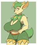 &lt;3 5:6 5_fingers absurd_res anthro big_breasts blush blush_lines bodily_fluids border bottomwear breasts brown_nose cel_shading cleavage_cutout clothing curvy_figure cute_fangs dipstick_ears female fingers green_background green_clothing green_hair hair hand_on_hip hi_res huge_breasts huge_thighs johnmarten lagomorph mammal midriff motion_lines multicolored_ears multicolored_hair musk navel open_mouth pal_(species) palworld portrait shaded shirt shorts simple_background simple_shading solo sweat tagme tank_top thick_thighs three-quarter_portrait topwear two_tone_hair verdash voluptuous white_border wide_hips yellow_body yellow_eyes