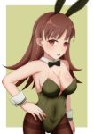  1girl animal_ears bare_shoulders bell_shireikan blush bow bowtie breasts brown_eyes brown_hair brown_pantyhose cleavage covered_navel detached_collar fake_animal_ears green_leotard hand_on_own_hip highres kantai_collection leotard long_hair looking_at_viewer medium_breasts ooi_(kancolle) open_mouth pantyhose playboy_bunny rabbit_ears solo strapless strapless_leotard traditional_bowtie wrist_cuffs 