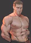  1boy abs absurdres arm_hair bara black_hair black_pants chris_redfield closed_mouth facial_hair grey_background highres large_pectorals male_focus muscular muscular_male navel nipples pants pectorals resident_evil resident_evil_village robot_sorcerer short_hair simple_background solo topless_male twitter_username upper_body 