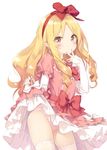  :&lt; blonde_hair blush bow bowtie brown_eyes commentary_request contrapposto dress dress_lift drill_hair eromanga_sensei eyebrows_visible_through_hair finger_to_face hair_bow hairband layered_dress layered_sleeves lifted_by_self lolita_fashion long_hair long_sleeves panties pantyshot pantyshot_(standing) peko pink_dress pink_panties pointy_ears puffy_short_sleeves puffy_sleeves red_bow red_eyes red_hairband red_neckwear sash shiny shiny_hair short_over_long_sleeves short_sleeves simple_background solo standing tareme thighhighs thighs underwear upskirt white_background white_bow white_legwear yamada_elf 