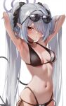  1girl arms_behind_head bikini black_bikini black_choker breasts choker cleavage closed_mouth dark-skinned_female dark_skin eyewear_on_head grey_hair hair_over_one_eye highres iori_(blue_archive) iori_(swimsuit)_(blue_archive) long_hair looking_at_viewer marisasu_(marisa0904) medium_breasts navel official_alternate_costume red_eyes solo sunglasses swimsuit tail very_long_hair 