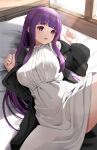  1girl :o absurdres bed breasts clenched_hand dress fern_(sousou_no_frieren) gibun_(sozoshu) highres large_breasts long_hair open_mouth pillow purple_eyes purple_hair solo sousou_no_frieren spread_legs thighs very_long_hair white_dress window 