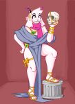 anthro bone bovid caprine clothing deltarune footwear goat hi_res holding_skull horn male mammal nkwaru ralsei robe sandals scarf simple_background skull solo standing undertale_(series)