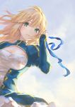  adjusting_hair ahoge artoria_pendragon_(all) bangs blonde_hair blue_dress blue_ribbon blue_sky breasts cleavage cleavage_cutout closed_mouth commentary_request day dress fate/stay_night fate_(series) from_below green_eyes hand_in_hair hand_on_own_head hand_up highres hisakata_souji holding holding_ribbon juliet_sleeves light_smile lips long_hair long_sleeves looking_at_viewer looking_down outdoors puffy_sleeves ribbon saber sky small_breasts solo sunlight tareme upper_body wind 