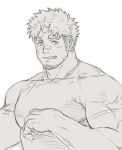  1boy akiha_gongen_(housamo) bandaid bandaid_on_face bandaid_on_nose bara ch1du facial_hair goatee greyscale horns huge_eyebrows large_pectorals looking_at_viewer male_focus medium_sideburns monochrome muscular muscular_male pectorals scar scar_on_cheek scar_on_face short_hair sideburns sideburns_stubble single_horn solo stubble thick_eyebrows tokyo_afterschool_summoners 