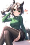  1girl animal_ears black_skirt black_thighhighs blush breasts brown_hair closed_mouth commentary_request crossed_legs feet_out_of_frame green_eyes green_sweater hair_between_eyes hand_up heart highres horse_ears horse_girl horse_tail long_hair looking_at_viewer medium_breasts ribbed_sweater satono_crown_(umamusume) side_ponytail sidelocks simple_background sitting skirt smile solo sweater tail thighhighs tomo_(tmtm_mf_mf) turtleneck turtleneck_sweater umamusume white_background 