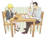  ? black_hair blonde_hair casual coffee contemporary full_body glasses hunter_x_hunter kurapika leorio_paladiknight multiple_boys nanzan pen reading semi-rimless_eyewear sitting sweatdrop table under-rim_eyewear 