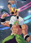  2boys absurdres ball basketball_(object) black_vest blue_eyes blue_hair broly_(dragon_ball_super) dragon_ball dragon_ball_super dragon_ball_super_broly gogeta grey_hair grongo_art highres medium_hair multiple_boys no_eyes pants spiked_hair topless_male vest white_pants 