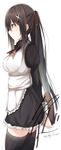  apron black_hair black_legwear brown_eyes keid long_hair original profile simple_background sketch solo standing thighhighs waitress 