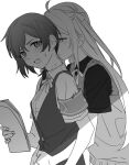  2girls ahoge alternate_hairstyle armband blush collared_shirt fang greyscale hickey holding holding_paper hug hug_from_behind jacket long_hair looking_at_another love_live! love_live!_nijigasaki_high_school_idol_club mifune_shioriko monochrome multiple_girls neck_ribbon nijigasaki_academy_school_uniform open_mouth paper ribbon safety_pin school_uniform shade shirt short_hair short_ponytail short_sleeves sidelocks summer_uniform sweat upper_body vest white_background xunyu_(manyu) yuri zhong_lanzhu 