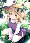  1girl absurdres black_footwear blonde_hair breasts brown_headwear darumoon dress foliage from_above hat highres looking_at_viewer medium_breasts medium_hair moriya_suwako purple_dress shirt short_dress smile solo squatting stone_lantern thighhighs touhou turtleneck white_shirt white_thighhighs yellow_eyes 