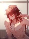  1boy abs diluc_(genshin_impact) genshin_impact hair_between_eyes highres ieneko13 long_hair male_focus muscular muscular_male navel nipples one_eye_closed red_eyes red_hair scar solo stomach topless_male twitter_username 