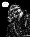  1boy absurdres caiman_(dorohedoro) commentary dorohedoro dumpling food gas_mask highres ibumuc jiaozi knife male_focus mask reptile_boy scales solo spikes thought_bubble upper_body 
