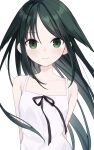  black_ribbon camisole dress green_eyes green_hair highres kashuu_(pixiv_66328082) light_smile pale_skin ribbon saya_(saya_no_uta) saya_no_uta white_background white_dress 