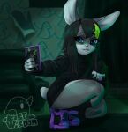 ambiguous_gender anthro bare_legs black_clothing black_shirt black_topwear blue_eyes clothing colored_nails crouching dark_room footwear hi_res highlights_(coloring) lagomorph leporid lostwisdom male mammal nails rabbit selfie shirt shoes sneakers solo topwear