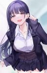  1girl :d absurdres black_hair blazer boku_no_kokoro_no_yabai_yatsu breasts brown_eyes cardigan commentary english_commentary highres jacket long_hair looking_at_viewer mile_(off8mile) pleated_skirt school_uniform skirt sleeves_past_wrists smile solo teeth yamada_anna 