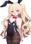  1girl :3 :d absurdres alternate_costume animal_ears arm_behind_back azur_lane bache_(azur_lane) bare_shoulders black_leotard blonde_hair blush bow bowtie breasts covered_navel cowboy_shot curly_hair detached_collar fake_animal_ears hair_between_eyes half-closed_eyes hand_up highres hip_focus igarashi_gozo leotard leotard_pull long_hair nipple_slip nipples pantyhose playboy_bunny presenting pulled_by_self purple_eyes rabbit_ears rabbit_tail red_bow red_bowtie skin_tight small_breasts smile solo strapless strapless_leotard tail teasing thighs very_long_hair wrist_cuffs 